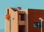 Modern apartment building with unique architectural details and streetlights in the foreground.